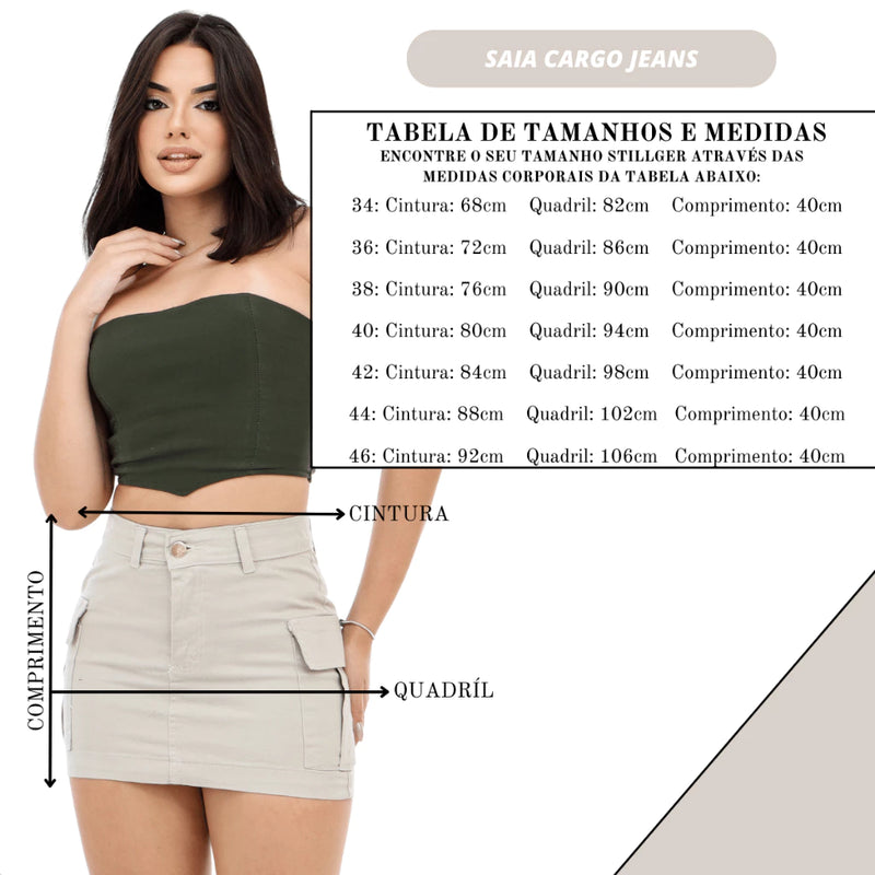 Saia Cargo Feminina Bege Cintura Alta Levanta Bumbum Com Like