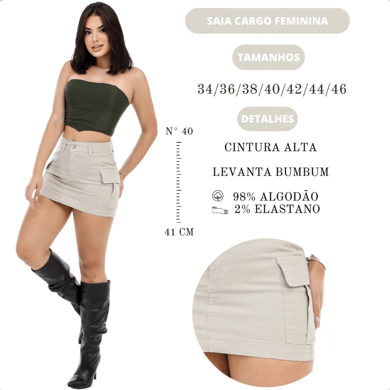 Saia Cargo Feminina Bege Cintura Alta Levanta Bumbum Com Like