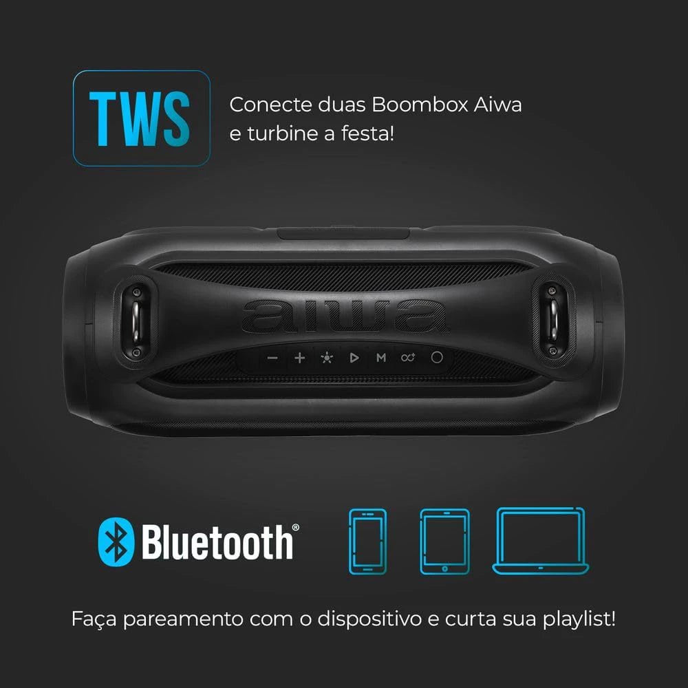 Caixa De Som Boombox Aiwa Mondial TWS Bluetooth 5.1 Bivolt 50W RMS Resistente a Água 3 Luzes + Alça De Transporte AWS-BBS-02 Preto