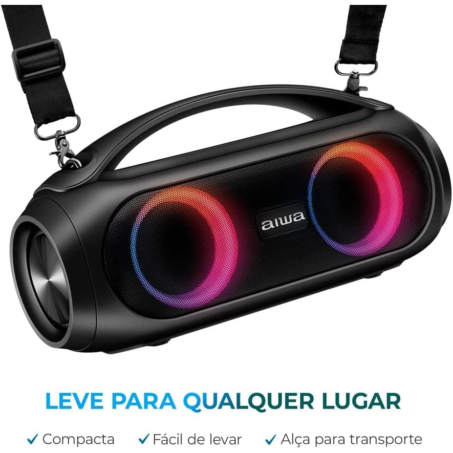 Caixa De Som Boombox Aiwa Mondial TWS Bluetooth 5.1 Bivolt 50W RMS Resistente a Água 3 Luzes + Alça De Transporte AWS-BBS-02 Preto