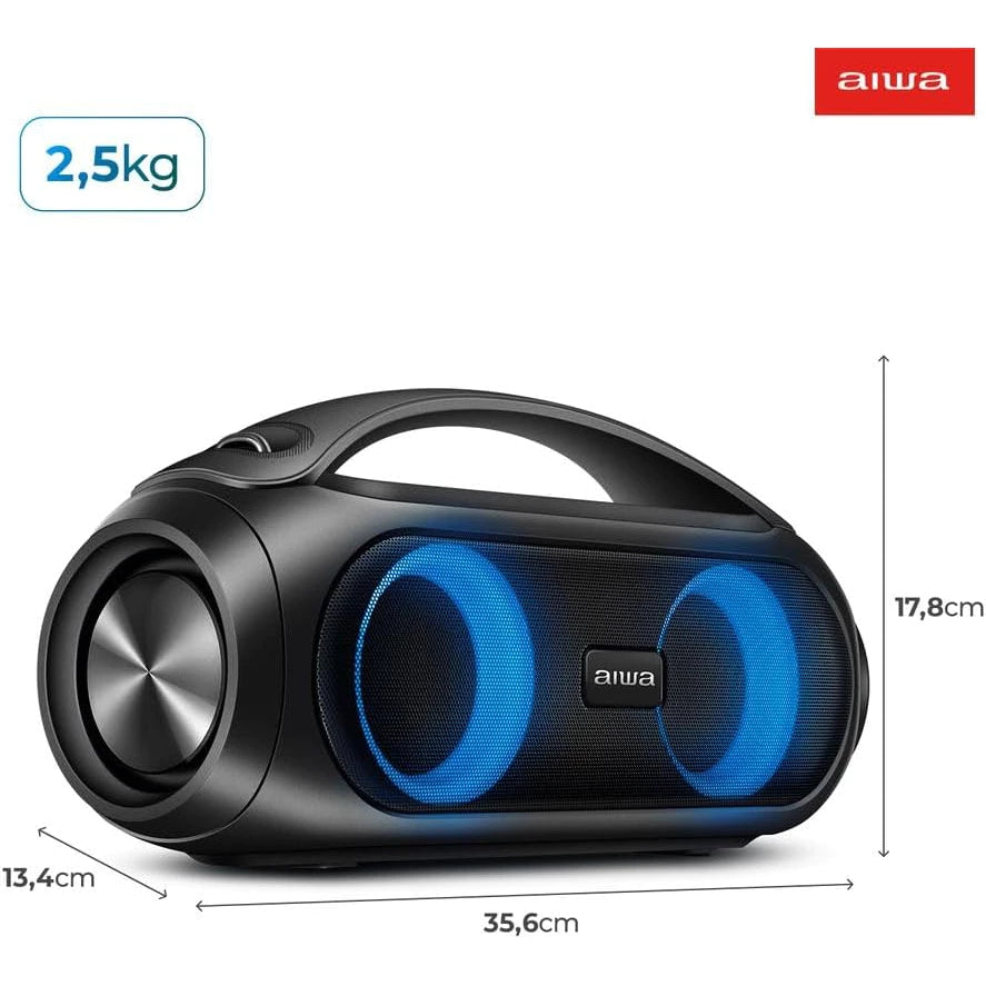 Aiwa Mondial TWS Bluetooth 5.1 Bivolt 50W RMS Water Resistant Boombox Speaker 3 Lights + Carrying Strap AWS-BBS-02 Black