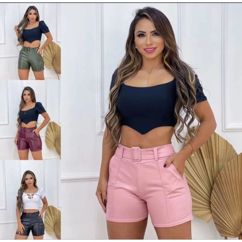 Shorts Courino Cirrê Couro Fake P ao GG 34 ao 46 Moda Verão