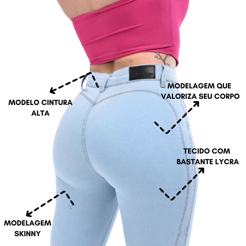 Calça Jeans Feminina Sem Bolso Cintura Alta Levanta Bumbum Com Lycra