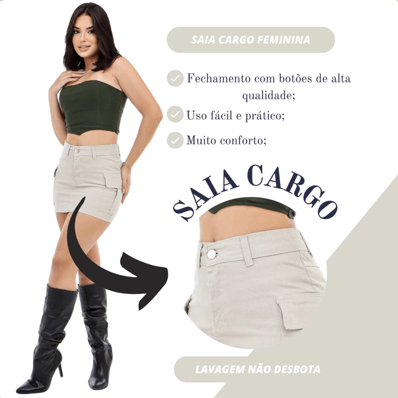 Saia Cargo Feminina Bege Cintura Alta Levanta Bumbum Com Like