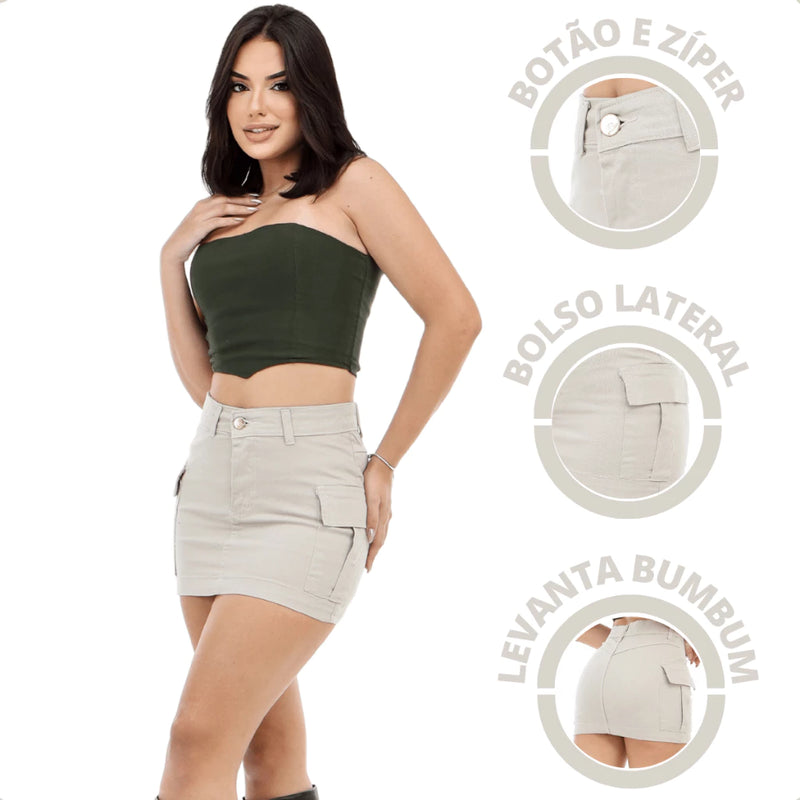 Saia Cargo Feminina Bege Cintura Alta Levanta Bumbum Com Like