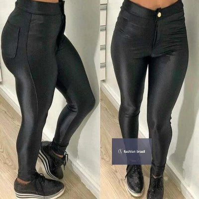 Calça Legging Disco Cintura Alta Cirre Couro Fake Bolsos Skinny Moda Feminina