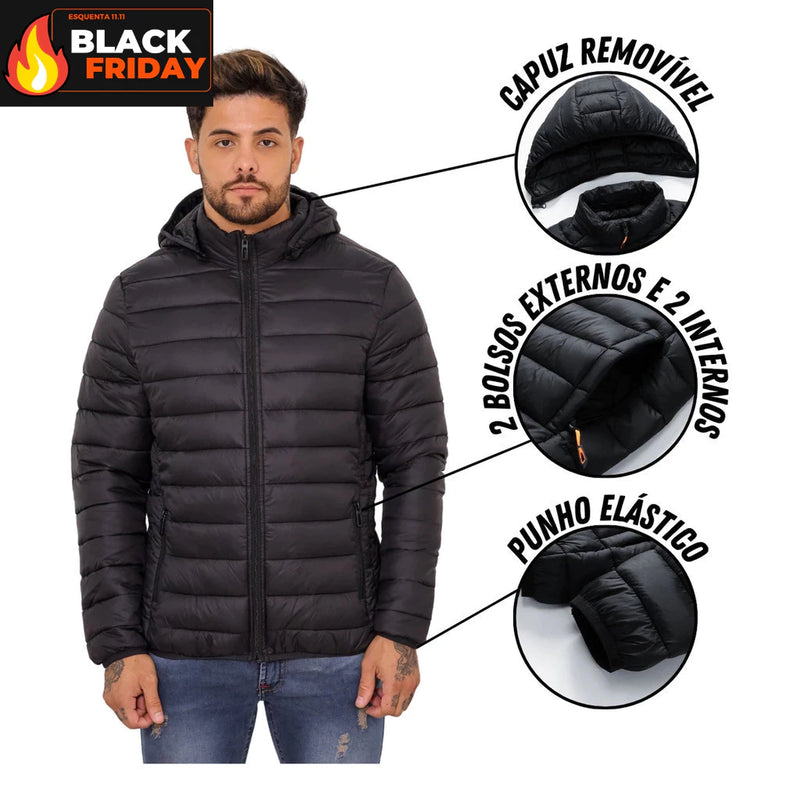 Jaqueta Puffer Masculina Bobojaco Impermeável Casaco Nylon Frio Capuz Inverno Corta Vento