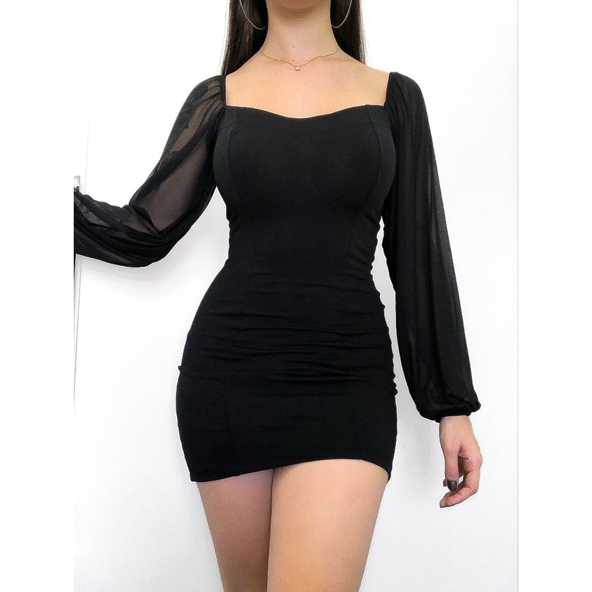 Blogueirinha Suplex Long Sleeve Tube Short Dress in Tulle - Black