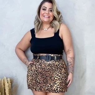 Plus Size Women's Set Cropped Blouse + Short Skirt with Belt - Conjuntinho Plus Moda Feminina.