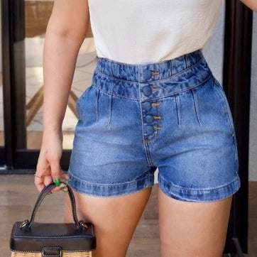 Short Cintura Alta 34 ao 46 Jeans com Botões Encapados Feminino