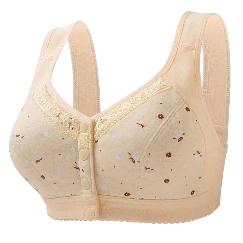 Women's Underwear Large Size Pure Cotton Wireless Bra Front Line Buttons Lace Edge Printing