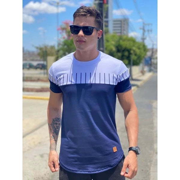 Camisa Longline masculina oversized Premium em algodão fio 30.1 penteado, camiseta Longline listra.