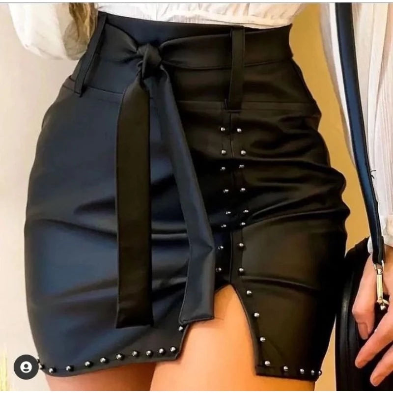 Women's Leather Skirt Side Slit High Waist Skirt