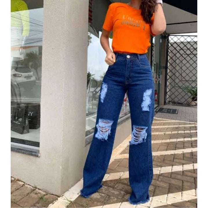 Calça Jeans Cintura Alta Wide Leg Pantalona Moda Gringa Juliette