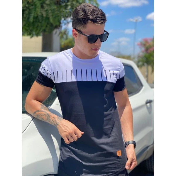 Camisa Longline masculina oversized Premium em algodão fio 30.1 penteado, camiseta Longline listra.