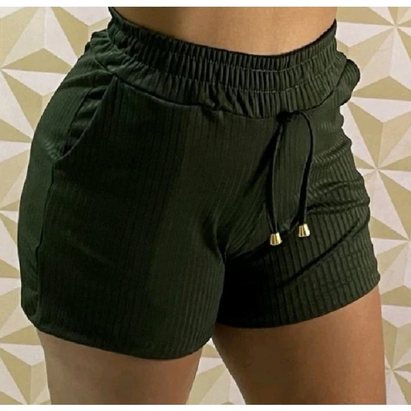 Shorts Feminino Malha Canelada Com E Elastico Ajuste Na Cintura Recorte Na Brarra