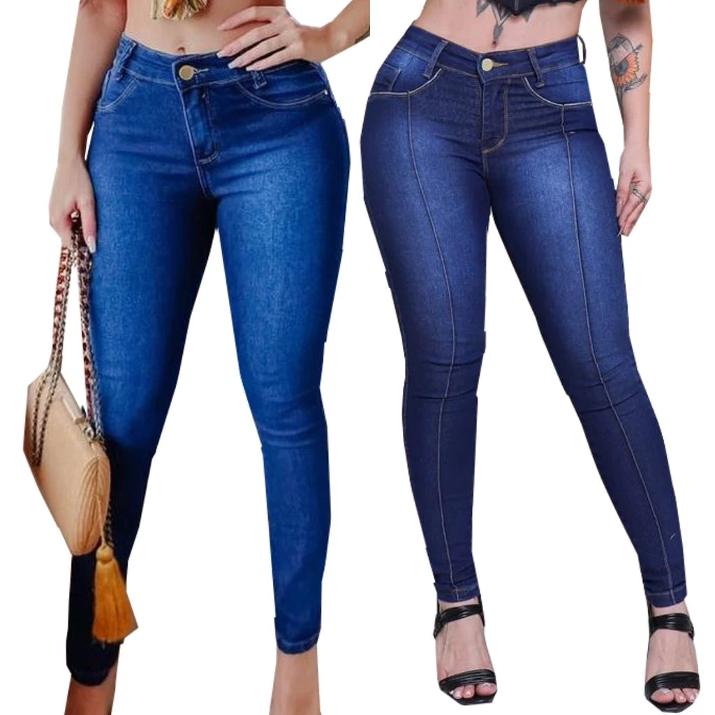 Kit 2 Calças Cós Alto Jeans Feminino Com Elastano Até o Umbigo Skinny Veste bem Modelagem Levanta Bumbum