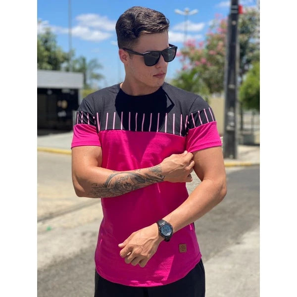 Camisa Longline masculina oversized Premium em algodão fio 30.1 penteado, camiseta Longline listra.