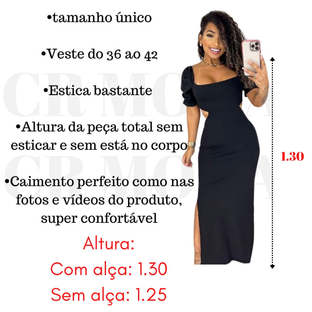 Vestido Longo Feminino Canelado Top Lascado e Decotado Manga Bufante 2213