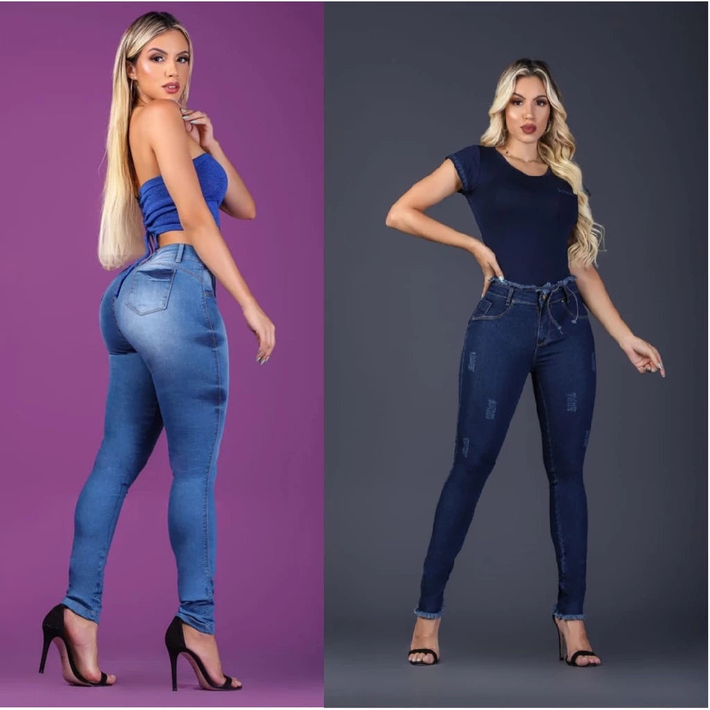 kit 2 Peças Calça Jeans Feminina Skinny Cintura Alta Com Lycra Empina Bumbum