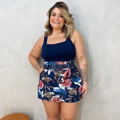 Conjunto Feminino Plus Size Blusa Cropped + Short Saia com Cinto - Conjuntinho Plus Moda Feminina.