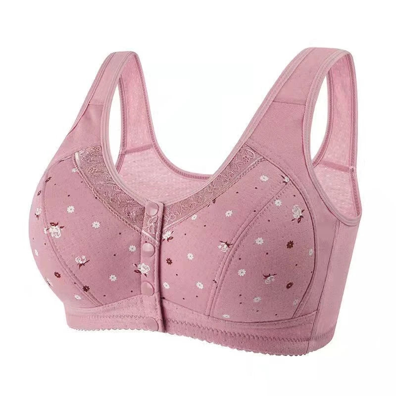 Women's Underwear Large Size Pure Cotton Wireless Bra Front Line Buttons Lace Edge Printing