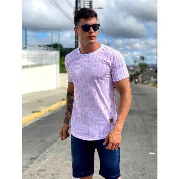 Camisa masculina Longline listrada, camiseta oversized em listra, blusa quadriculada, camiseta