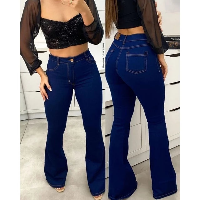 calça jeans feminina flare azul lisa