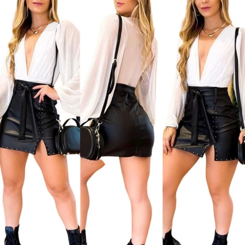 Women's Leather Skirt Side Slit High Waist Skirt