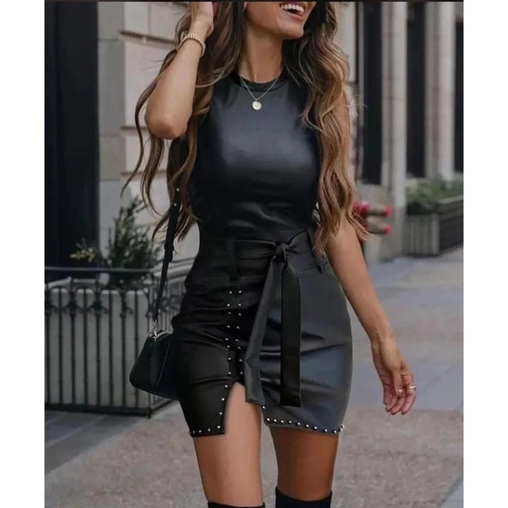 Women's Leather Skirt Side Slit High Waist Skirt