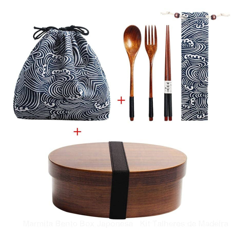 Marmita Bento Box Japonesa + Kit Talheres de Madeira