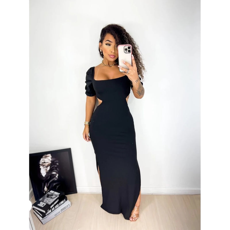 Women's Long Dress Ribbed Top Chipped and Low-cut Puff Sleeve 2213