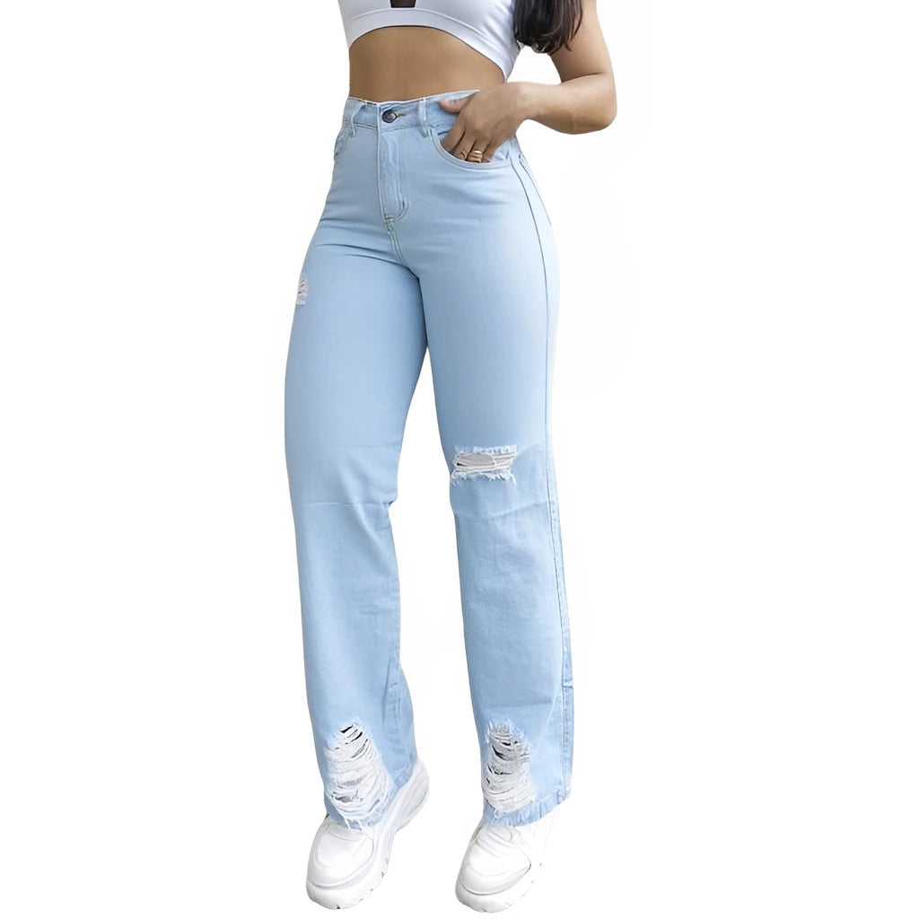 MANAL JEANS Women's Wide Leg Jeans Wide Leg Pants Ripped at the Knee High Waist REF007