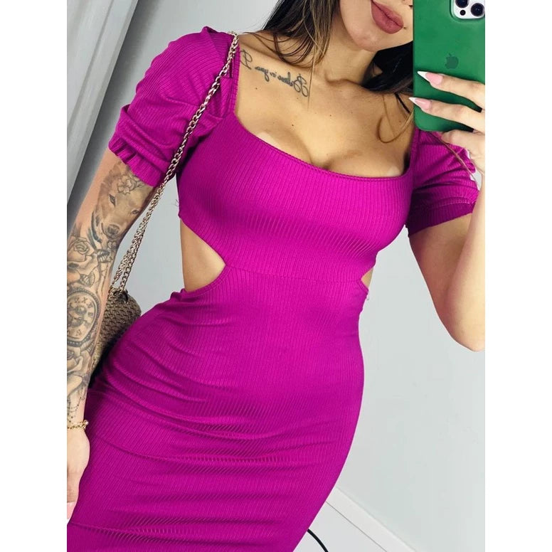 Vestido Longo Feminino Canelado Top Lascado e Decotado Manga Bufante 2213