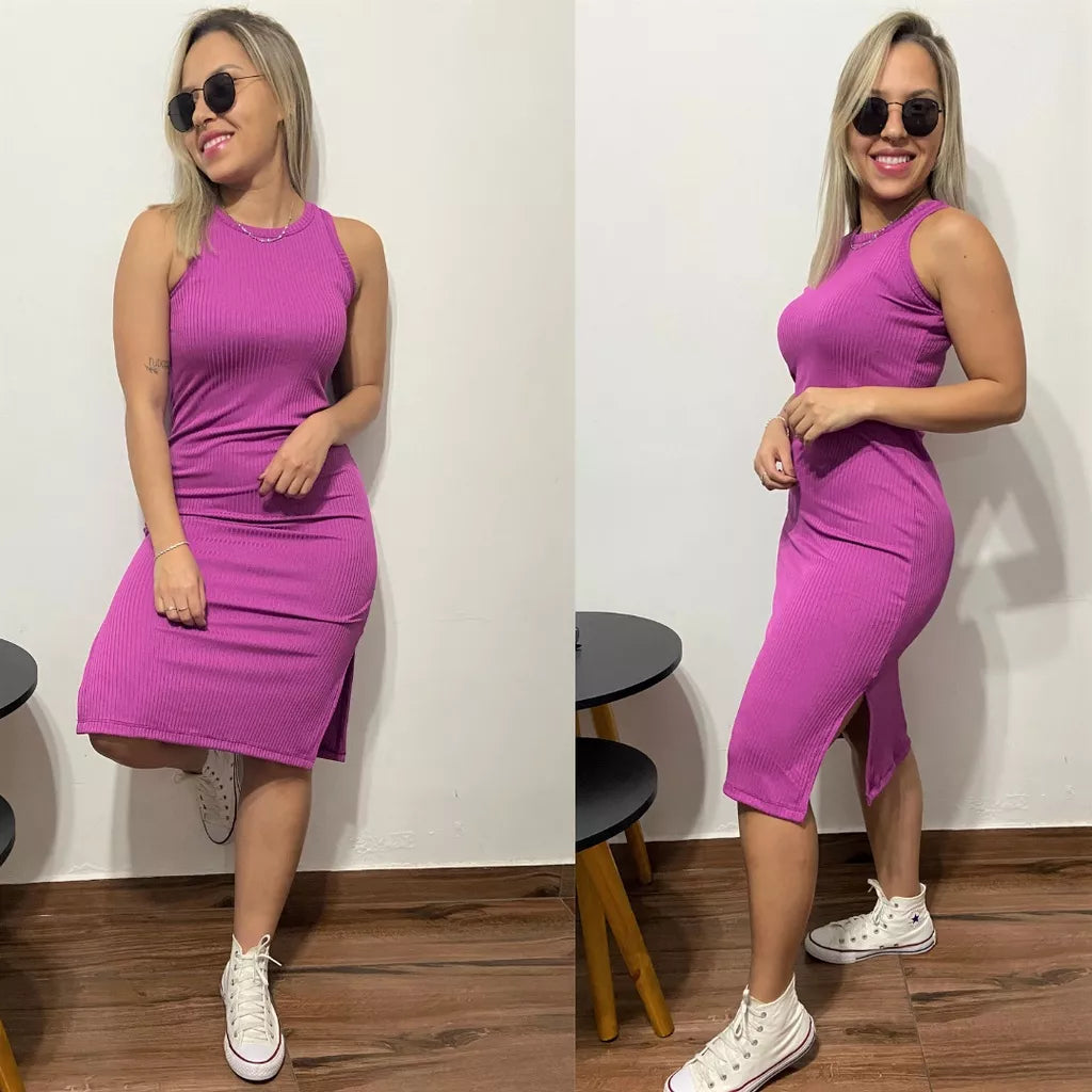 Vestido MIDI Regata com Fenda Lateral Canelado Feminino do P ao GG