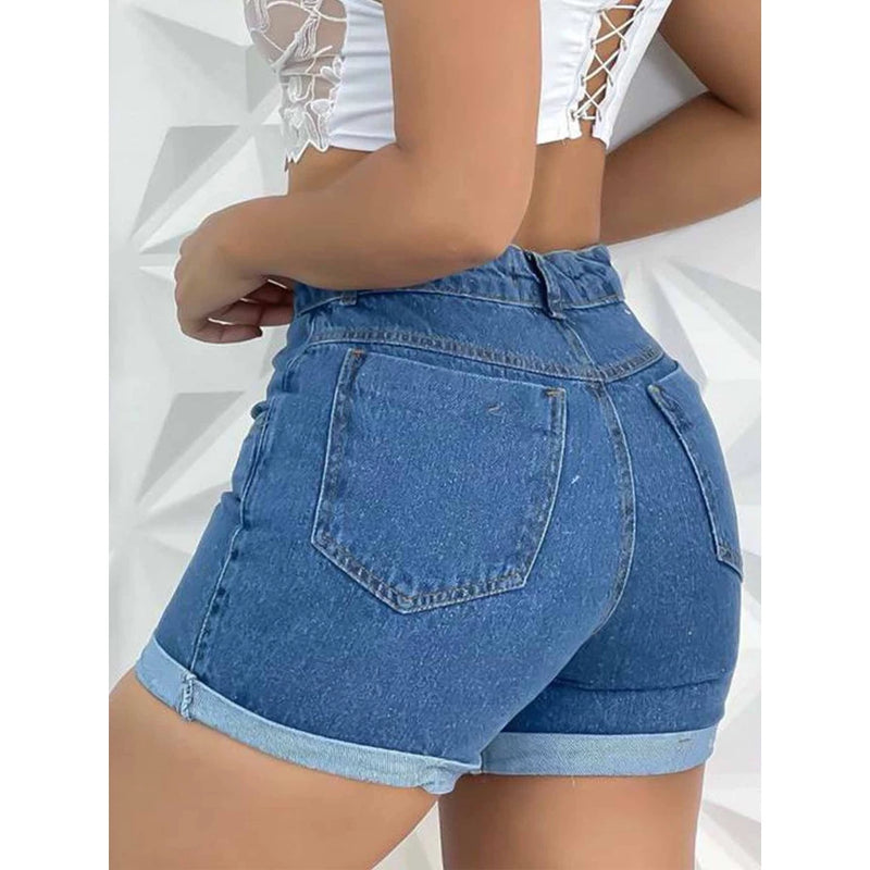 Short Feminino Jeans Cintura Alta Moda Blogueira