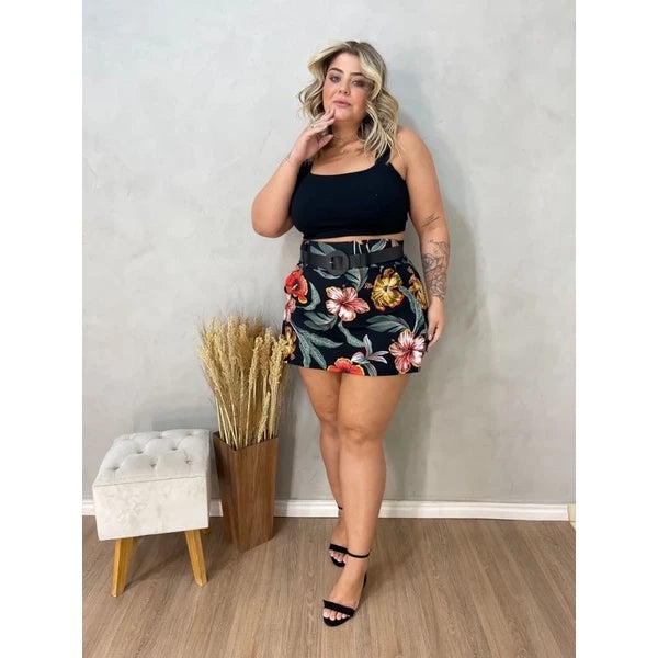 Conjunto Feminino Plus Size Blusa Cropped + Short Saia com Cinto - Conjuntinho Plus Moda Feminina.