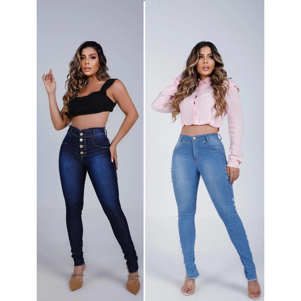 kit 2 Peças Calça Jeans Feminina Skinny Cintura Alta Com Lycra Empina Bumbum