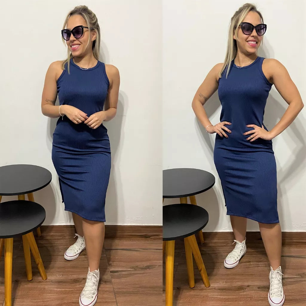 Vestido MIDI Regata com Fenda Lateral Canelado Feminino do P ao GG