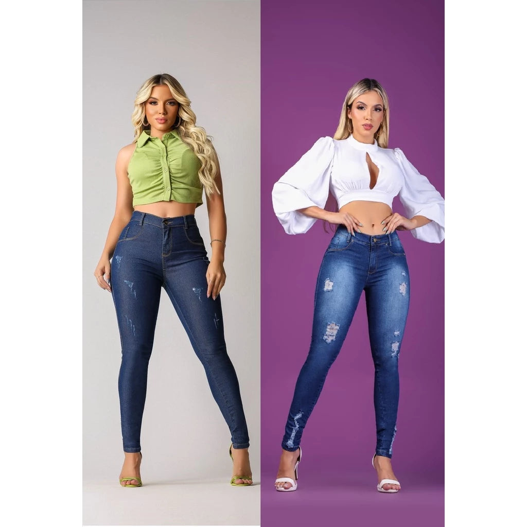 kit 2 Peças Calça Jeans Feminina Skinny Cintura Alta Com Lycra Empina Bumbum