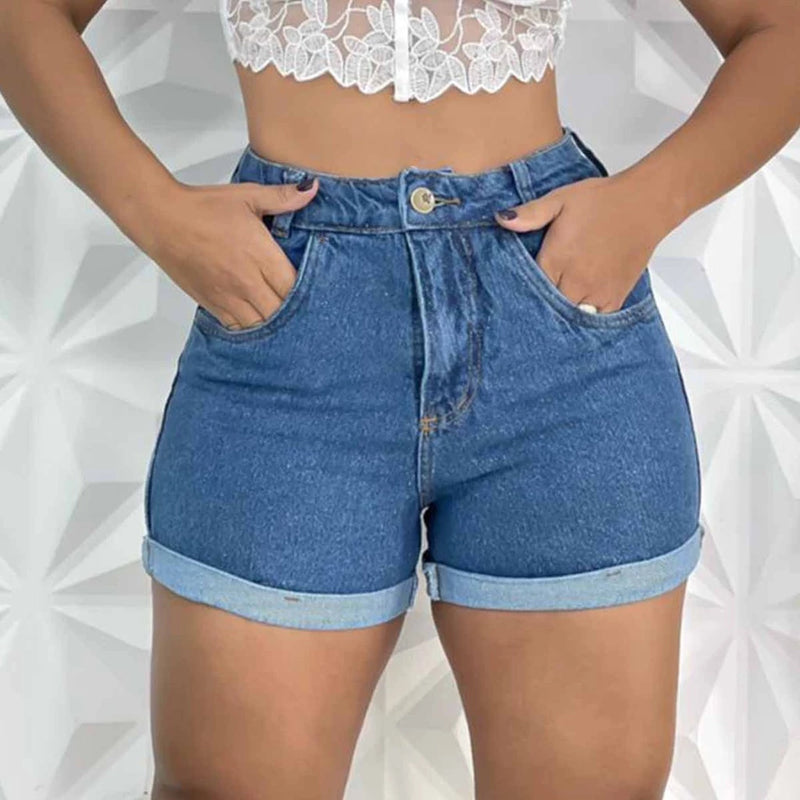 Short Feminino Jeans Cintura Alta Moda Blogueira