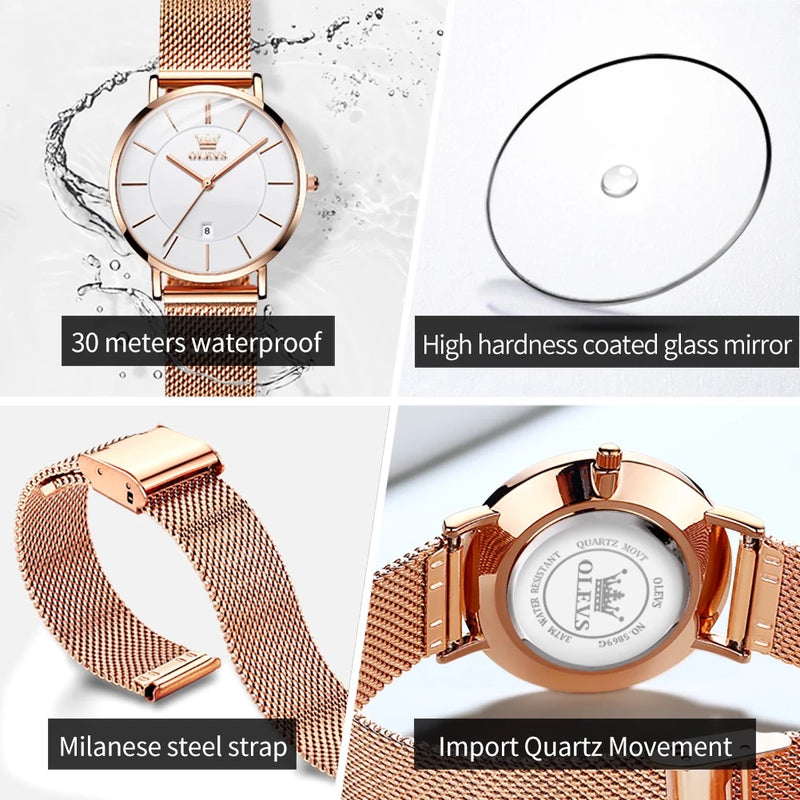 OLEVS Relógio Quartz Feminino A Prova d água Com Pulseira Rose Gold Aço Inoxidável 5869