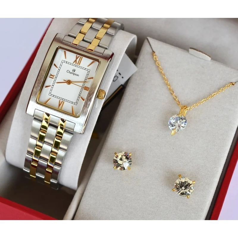 CHAMPION WOMEN'S SQUARE MIXED WATCH CH22395O + SEMI JEWELRY KIT