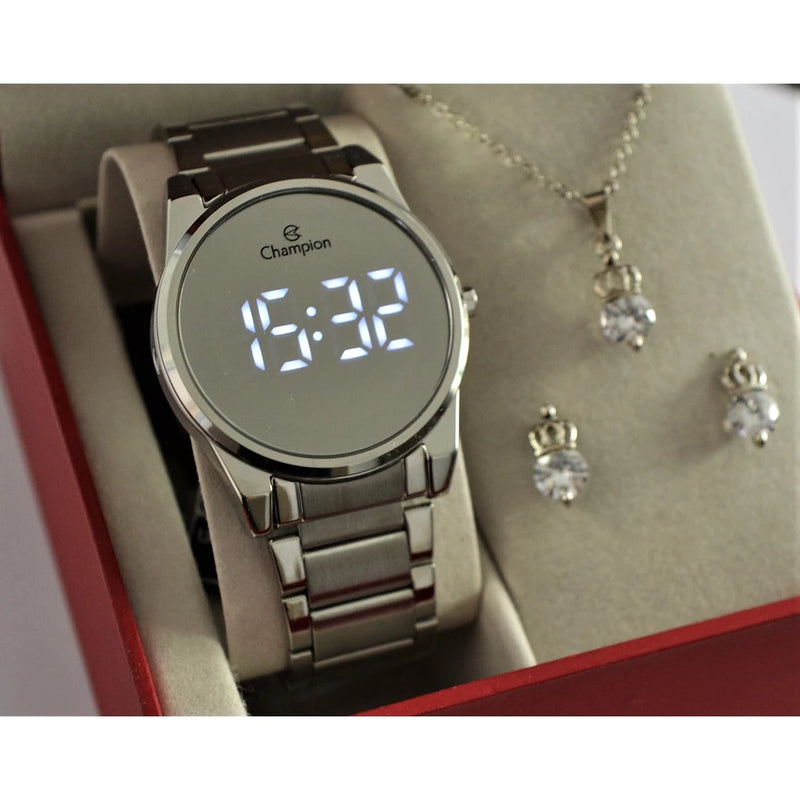 CHAMPION SILVER MIRROR ROUND DIGITAL WATCH CH40124S + SEMI JEWELRY KIT