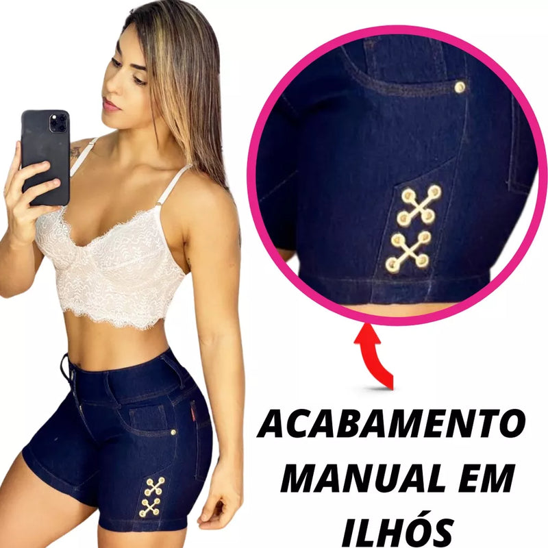 Bermuda jeans feminina com barra virada tie-dye Ilhos