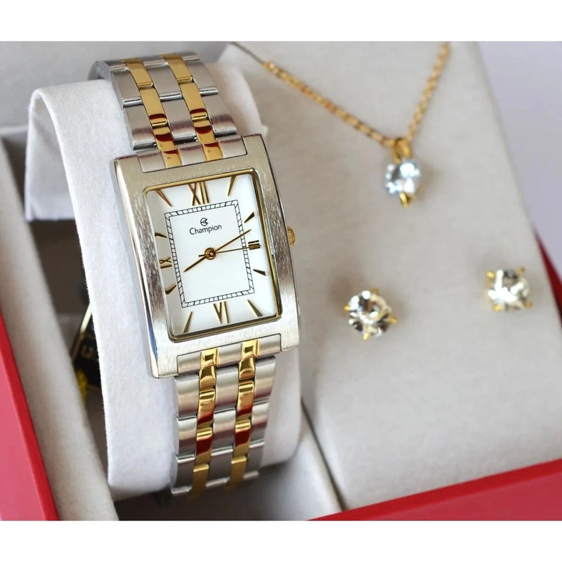 CHAMPION WOMEN'S SQUARE MIXED WATCH CH22395O + SEMI JEWELRY KIT