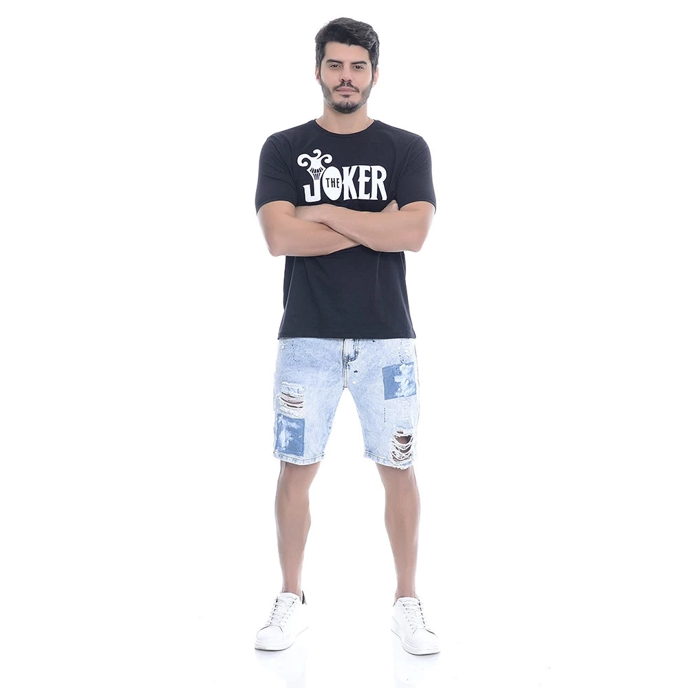 Bermuda Jeans Rasgada Com Respingos De Tinta