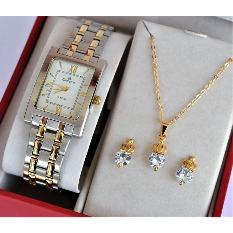 CHAMPION WOMEN'S SQUARE MIXED WATCH CH22395O + SEMI JEWELRY KIT