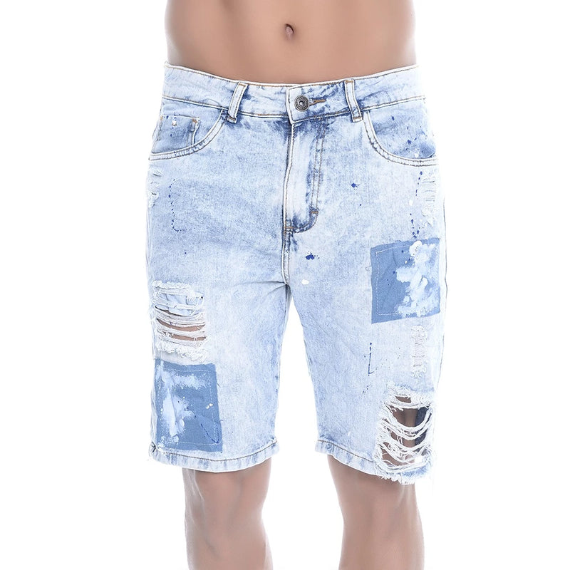 Ripped Denim Shorts With Paint Splatters