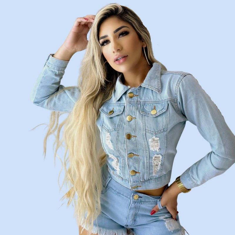 Jaqueta Jeans Feminina Jeans Claro Edição Clássica Lançamento